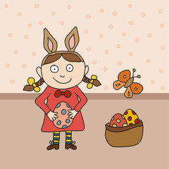 Illustration Mädchen mit Hasenohren und Ostereiern