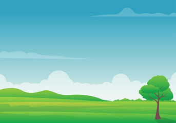 Green field vector illustration with blue sky. Nature landscape background