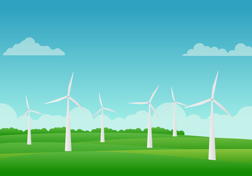 Landscape vector illustration with wind turbine in green field and blue sky, ecology concept