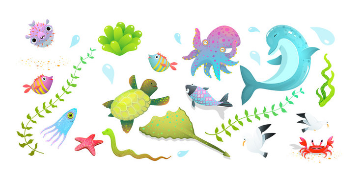 Underwater sea life, ocean creatures clipart collection isolated on white