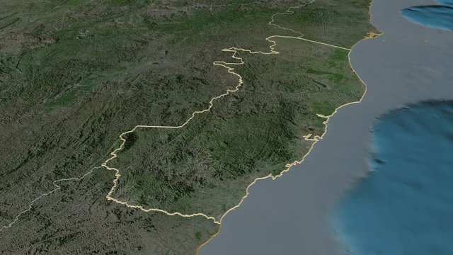 Espírito Santo, state with its capital, zoomed and extruded on the satellite map of Brazil in the conformal Stereographic projection. Animation 3D