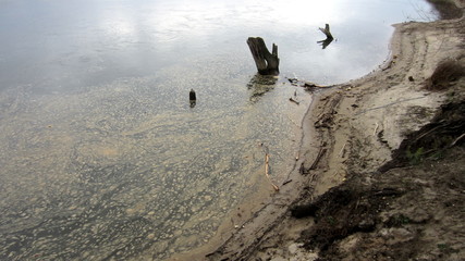 Pollution on the river surface. Ecological disaster