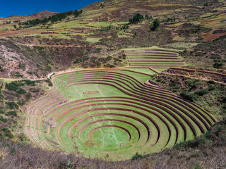 Terraces used as agricultural experiments. View from above to Inca terraces at Moray, Peru. 