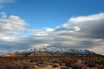 Fototapeta na wymiar Dramatic clouds over snowy Eagle Mountains in Joshua Tree National Park, California, USA