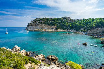 Fototapeta premium Beautiful turquoise water at Anthony Quinn Bay Rhodes Island Rodos Greece Europe