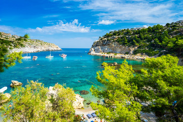 Beautiful turquoise water at Anthony Quinn Bay Rhodes Island Rodos Greece Europe - obrazy, fototapety, plakaty