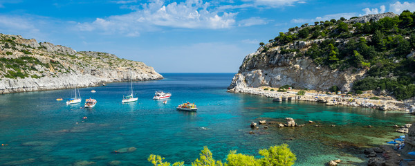 Fototapeta Beautiful turquoise water at Anthony Quinn Bay Rhodes Island Rodos Greece Europe obraz