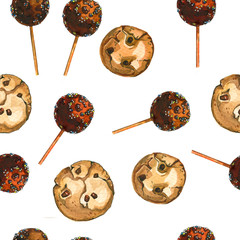 Sweets cookies with chocolate chips and keycops. Seamless pattern on a white background, drawn by watercolor hands.