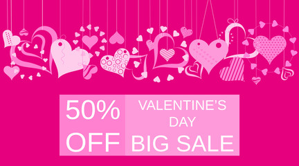 Valentines day sale background with Hearts. Valentine vector illustration. Valentine banner for webstore