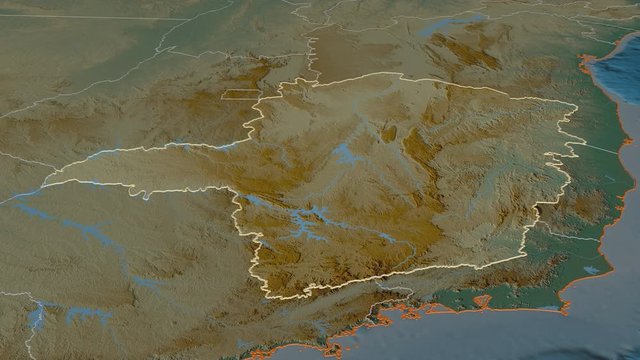 Minas Gerais, state with its capital, zoomed and extruded on the relief map of Brazil in the conformal Stereographic projection. Animation 3D