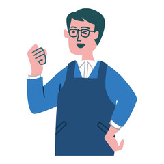 エプロンをつけた　男性　主夫　拳を握っている