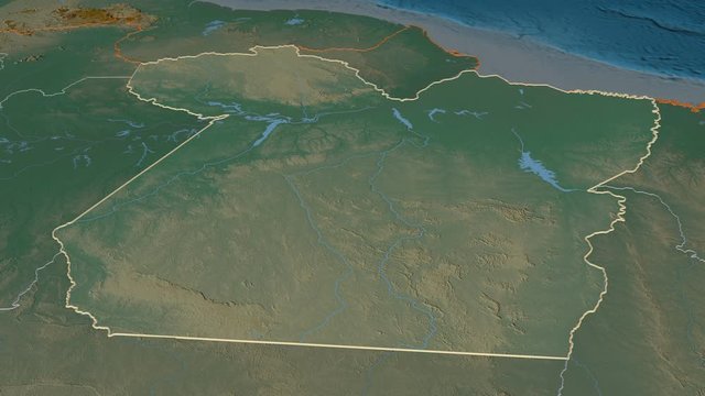 Par&aacute;, state with its capital, zoomed and extruded on the relief map of Brazil in the conformal Stereographic projection. Animation 3D