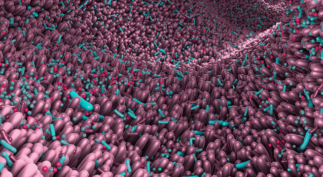 Different Germs In The Human Intestines Called Microbiome - 3d Illustration