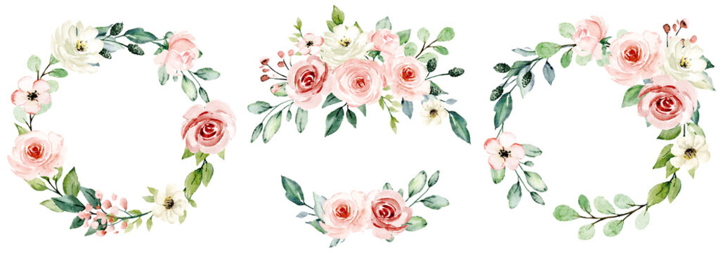 Wieńce, ramki kwiatowe, kwiaty w akwareli różowe róże, ilustracja ręcznie malowana. Pojedynczo na białym tle. Idealnie nadaje się do projektowania kart okolicznościowych.