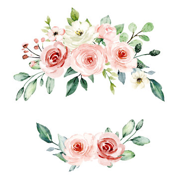 Wreath, floral frame, watercolor flowers pink roses, Illustration hand painted. Isolated on white background. Perfectly for greeting card design.
