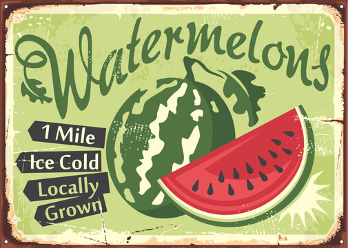 Watermelons farm retro sign idea. Locally grown farm fresh organic fruit products. Ice cold watermelon slice vector illustration.