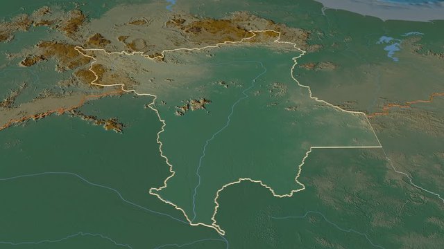 Roraima, state with its capital, zoomed and extruded on the relief map of Brazil in the conformal Stereographic projection. Animation 3D