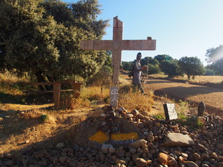 Cross standing on a ground on the road to Santiago de Compostela, El Camino de Santiago, Journey...