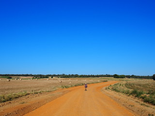 Beautiful agricultural landscape on the road to Santiago de Compostela, Camino de Santiago, Way of St. James, Journey from San Martin del Camino to Astorga, French way, Spain