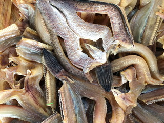 Dried fish in the basket for sale in the market, Phnom Penh, Cambodia