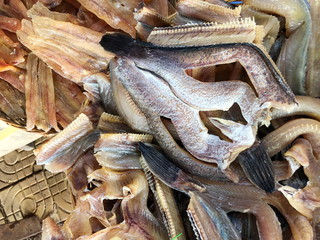 Dried fish in the basket for sale in the market, Phnom Penh, Cambodia
