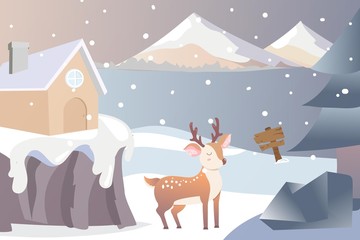 Deer illustration vector Merry Christmas Winter on mountain background
