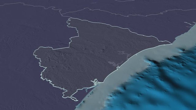 Sergipe, state with its capital, zoomed and extruded on the administrative map of Brazil in the conformal Stereographic projection. Animation 3D