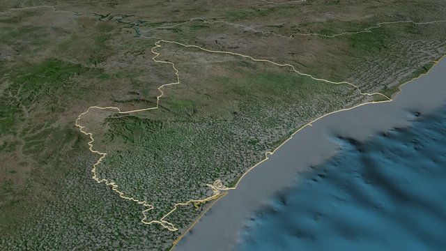 Sergipe, state with its capital, zoomed and extruded on the satellite map of Brazil in the conformal Stereographic projection. Animation 3D