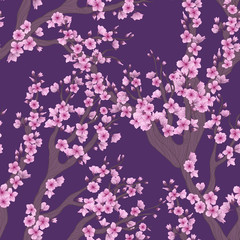 Vector seamless pattern with hand drawn illustration of sakura branch with flower on purple background. Romantic japanese cherry branch repeater background. Spring background with sakura flower.