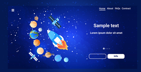 space rocket and satellite flying in sky over planets of solar system 5G online wireless system connection earth surface concept horizontal copy space vector illustration © mast3r
