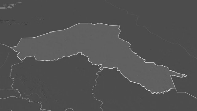 Sahel, region with its capital, zoomed and extruded on the bilevel map of Burkina Faso in the conformal Stereographic projection. Animation 3D