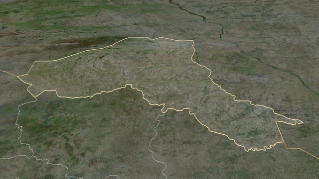 Sahel, region with its capital, zoomed and extruded on the satellite map of Burkina Faso in the conformal Stereographic projection. Animation 3D