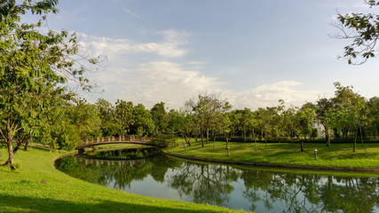 Small lake in public park, greenery trees, shrub and bush, green grass lawn in a good care maintenance landscapes, decorated with arch curve concrete bridge cross the water under white clouds blue sky