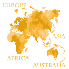 World map part Europe, Asia, Africa and Australia in sephia gold vector watercolor illustration