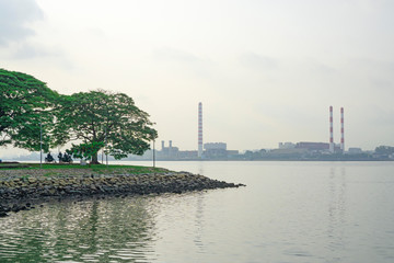 Two big trees on green grass near a river and the building under cloundy sky, city view of factory on background