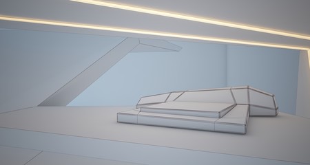 Abstract drawing architectural white interior of a minimalist house with swimming pool and neon lighting. 3D illustration and rendering.