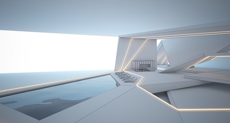 Abstract drawing architectural white interior of a minimalist house with swimming pool and neon lighting. 3D illustration and rendering.