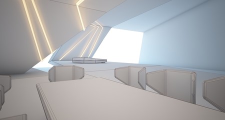 Abstract drawing architectural white interior of a minimalist house with swimming pool and neon lighting. 3D illustration and rendering.