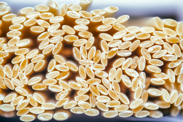 A pack of Italian pasta. Photographed close-up.