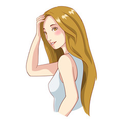 vector illustration of a beautiful woman in a sleeveless shirt tilted her side and turned to look at the camera