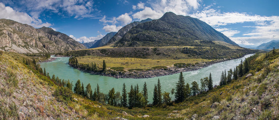 Katun river in Altai mountains, summer day, panoramic view