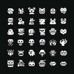 Various Cute Characters, funny animals, people and different creatures, pixel art icons set, design for logo, web, sticker, mobile app, isolated black and white vector illustration. Game assets 1-bit.