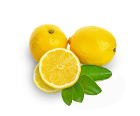Lemon with green leaf on white background