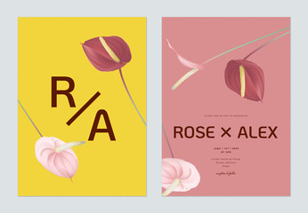 Minimalist floral wedding invitation card template design, pink and red Anthurium flowers on yellow and pink