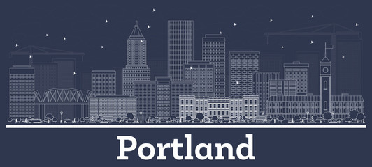 Outline Portland Oregon City Skyline with White Buildings. - obrazy, fototapety, plakaty