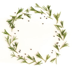 rosemary herb leaves wreath,  circle isolated on white background. flat lay, top view.abstract