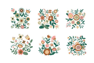 Set of floral bouquet of fantasy folk flowers. Botanical Illustration on white. Summer or spring motif for embroidery, greeting card, wedding decoration.