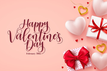 Fototapeta na wymiar Happy valentines day vector banner. Valentines day greeting card with hearts, gifts and jewelries elements and typography. Vector illustration.