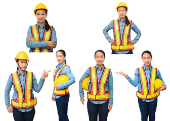 Collection set of female worker with Protection Equipment pointing on copy space, isolated