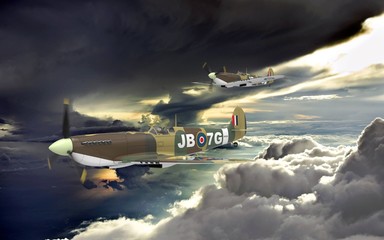 3d rendering of two world war two airplanes flying together in the clouds - obrazy, fototapety, plakaty
